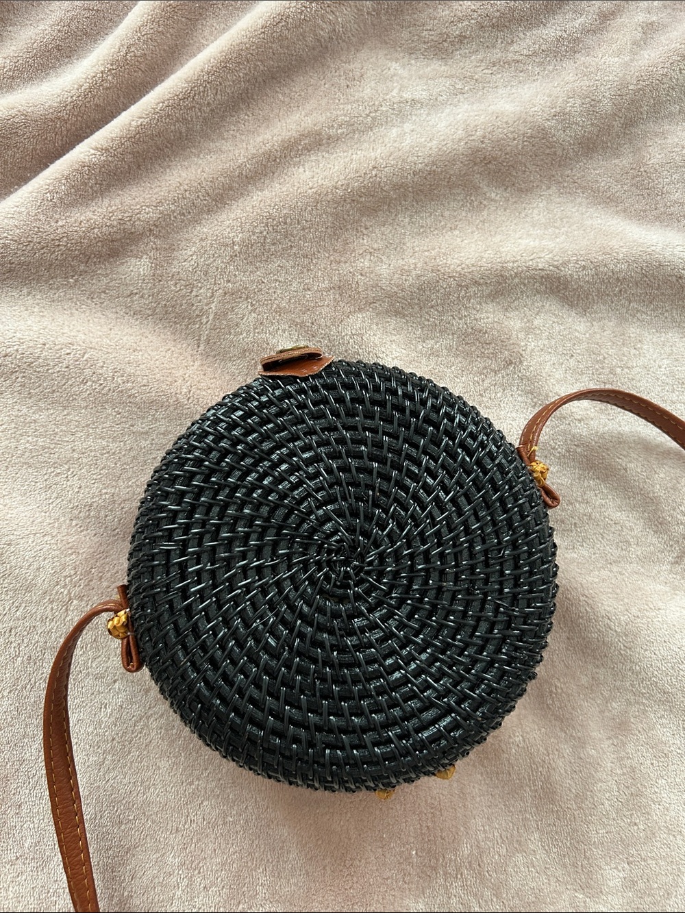 Black Woven Round Crossbody Bag with Brown Strap